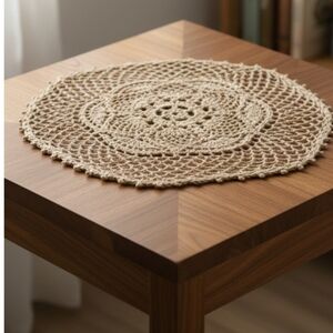 Hand Crafted Crochet Round Lace Doilie Handmade Floral Centerpiece Beige Vtg Mat